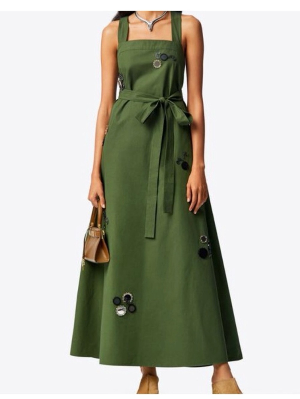 Tory Burch Olive Green Square-Neck Maxi Dress with Waist Tie